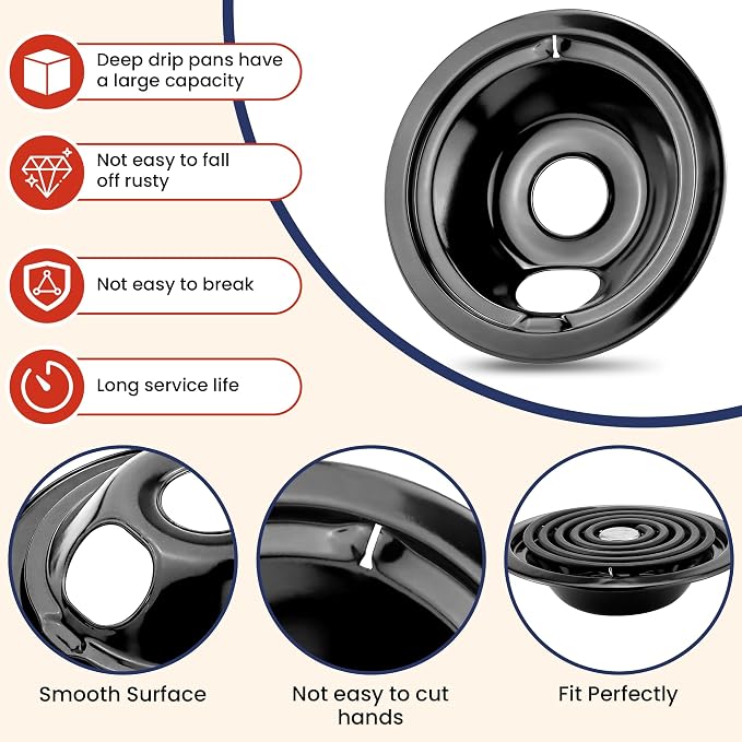 Electric Stove Burners and Porcelain Drip Pans Set Compatible with G-E Hot-point Stoves, Includes WB31M20 WB31M19 Black Stove Drip Pans & WB30M1 WB30M2 Electric Range Burner Elements by Fetechmate