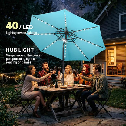 Solar Patio Umbrella Outdoor with Centre Light, 9 ft Aqua Blue | 2 Tiers, 40 LED Lights, UV Protection, Solar Outdoor Umbrella for Porch, Deck, Pool, Garden, Provides Evening Lighting