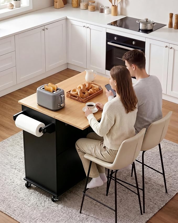 VEVOR Kitchen Island Cart with Storage, 43.58 in Wide Mobile Rolling Storage Island on Swivel Wheels, with 2 Drawers, Storage Cabinet, Drop Leaf, Spice/Towel Rack, Table for Home Dining Room, Black | Home Dining Meal Prep Station With Spice Towel Rack ...