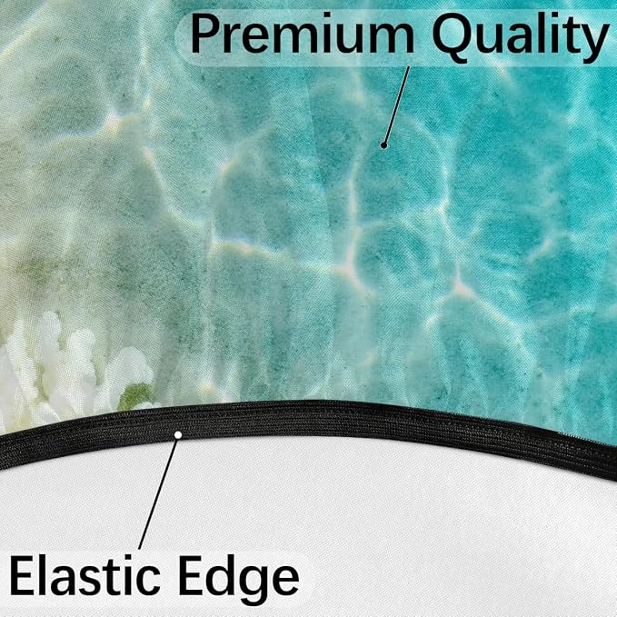 Fitted Round Tablecloth with Umbrella Hole and Zipper Starfish Coral Seashell Outdoor Elastic Table Cloth 36"-44" Oil-Proof Waterproof Summer Beach Patio Table Cover for Picnic Party