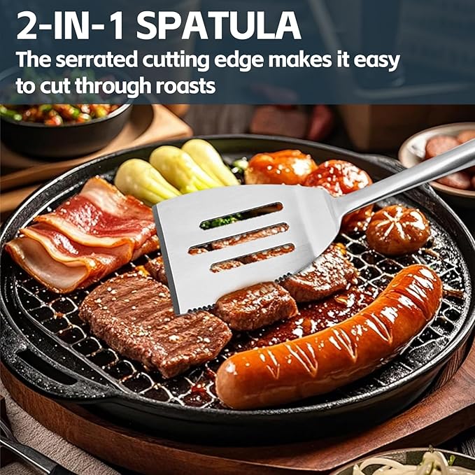 Heavy Duty Grilling Accessories Grill Tool Set 3-Piece Stainless Steel BBQ Utensils with Heat-Resistant Silicone Handle, Spatula, Tongs, Fork & Brush for Outdoor Cooking