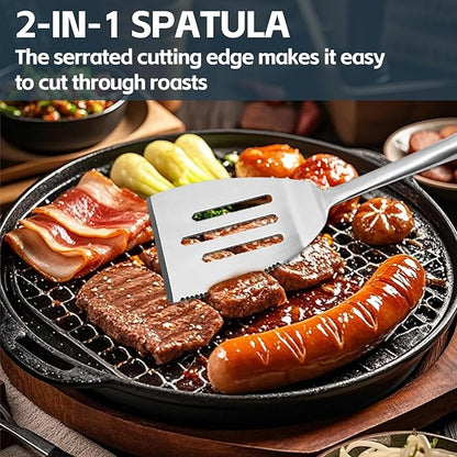 Heavy Duty Grilling Accessories Grill Tool Set 3-Piece Stainless Steel BBQ Utensils with Heat-Resistant Silicone Handle, Spatula, Tongs, Fork & Brush for Outdoor Cooking