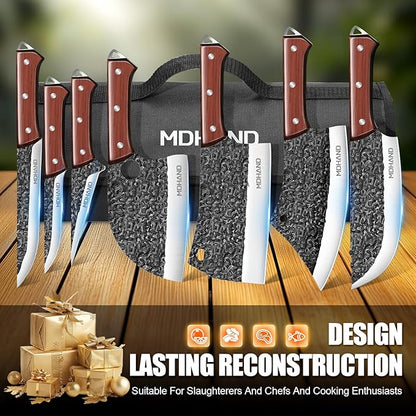MDHAND Butcher Knife Set, 14PCS Hand Forged Professional Chef Knife Set with Roll Bag, Sharp Meat Cleaver Knife & Bone Chopper Knives & Fillet Knife for Home Kitchen & Camping BBQ, Gifts for Men Women