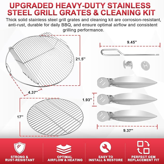 7436 Cooking Grate Hinged & 7441 Charcoal Grate for Weber 22" 22.5" Kettle Charcoal Grill,Replacement Grates for Weber One-Touch/Master-Touch/Performer Series, with 7444 One-Touch Cleaning System Kit