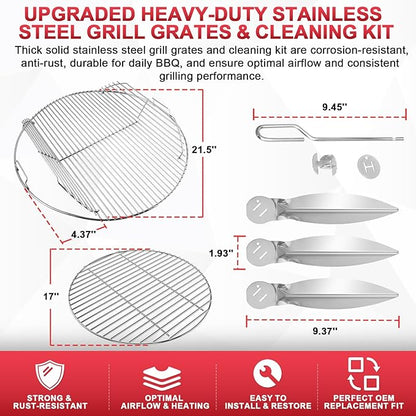 7436 Cooking Grate Hinged & 7441 Charcoal Grate for Weber 22" 22.5" Kettle Charcoal Grill,Replacement Grates for Weber One-Touch/Master-Touch/Performer Series, with 7444 One-Touch Cleaning System Kit