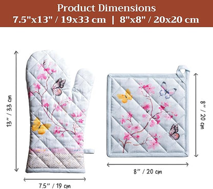 Maison d' Hermine 100% Cotton Oven Mitt & Pot Holder Set (7.5"x13" & 8"x8") Heat Resistant BBQ Cooking Gloves with Loop Baking Grilling Kitchen Hotel Home Farmhouse Spring Summer (Blossoms in Spring)
