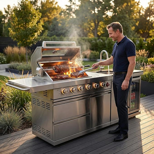 Premium 6-Burner 304 Stainless Steel Outdoor Kitchen Island with Grill, Sink, Refrigerator, Rotisserie & LED Lighting | 75,300 BTU Modular BBQ Station for Patio Backyard