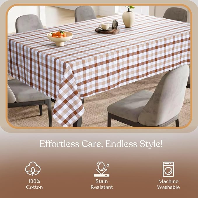 Gingham Tablecloth 60x84 Inch, 100% Cotton, Classic Check, Reusable & Machine Washable, Rustic Dining Table Cover for Kitchen, Holidays, Outdoor Gatherings, Brown, Beige White