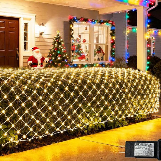 Pooqla Warm White Net Lights, 15x 5ft Christmas Lights Outdoor Clear Wire | 300 LED Large Net Mesh Lights Plug in, 8 Modes Waterproof Connectable Bushes Lights for Christmas Hedge Yard Decor