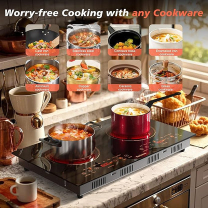 2 Burner Electric Cooktop 110v, 24 Inch Electric Stove Countertop & Built-in, Plug-in Electrics Cooktop, 8 Power Levels & 8 Functions, Touch Control, Safety Lock, Timer, 2000W, Orange