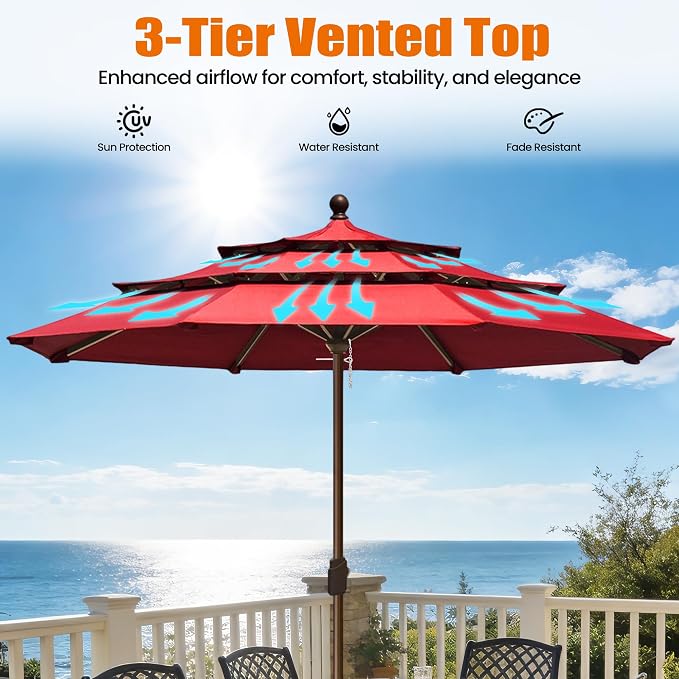 EliteShade USA 10-Year-Non-Fading 10ft 3-Tier Market Patio Umbrella, Commercial Grade Outdoor Table Umbrella with Crank Open, Windproof & UPF 50+ UV Protection, Heavy Duty Ventilation for Garden, Deck, Pool, Backyard, Beach & Bistro, No Tilt, Logo Red