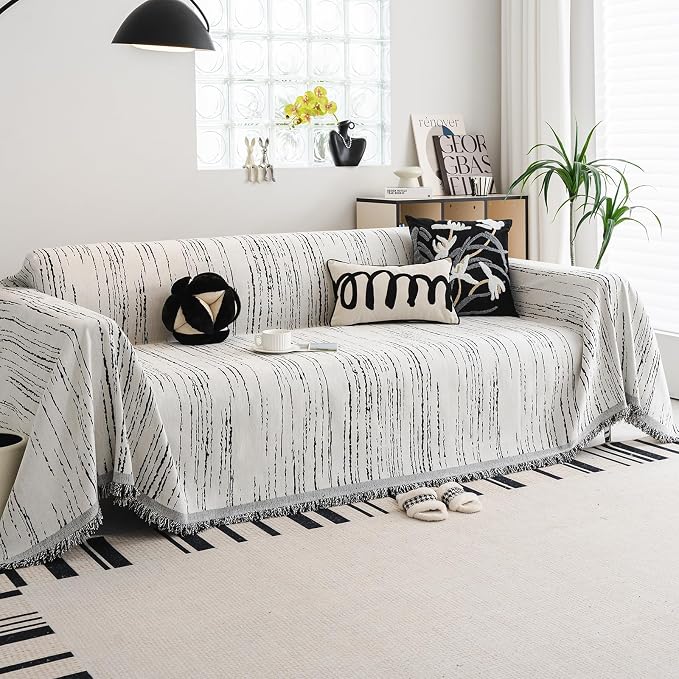 WEYOND Chenille Couch Cover Tassels, Sofa Cover Washable, 71" x 102", White | Pet Friendly Sofa Slipcover for Sectional Sofa, Loveseat, 2 or 3 Cushion Couch, Corner Sofa, Futon Cover