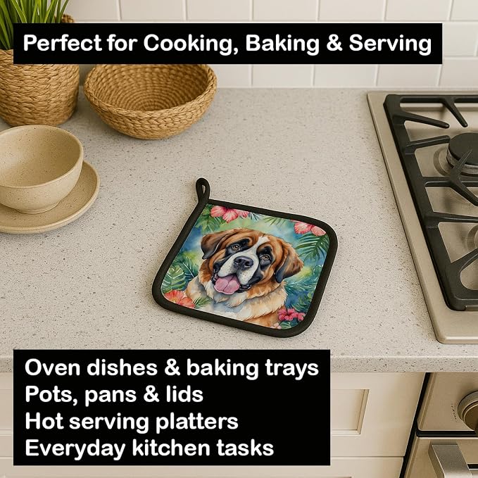 Caroline's Treasures Saint Bernard Luau Pair of Pot Holders Kitchen Heat Resistant Pot Holders Sets Oven Hot Pads for Cooking Baking BBQ, 7 1/2 x 7 1/2