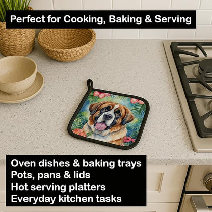 Caroline's Treasures Saint Bernard Luau Pair of Pot Holders Kitchen Heat Resistant Pot Holders Sets Oven Hot Pads for Cooking Baking BBQ, 7 1/2 x 7 1/2