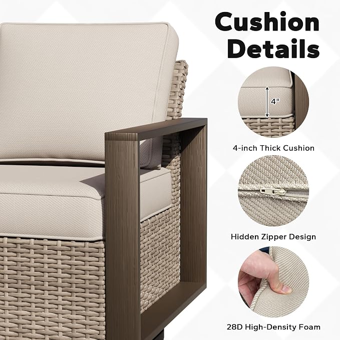 Outdoor Patio Swivel Rocker Chairs, 5 Pieces Wicker Furniture Set, 2 Swivel Rocking Chairs, 2 Ottoman and 1 Table, Metal Wide Armrest, Thick Cushions and Deep Seating for Garden, Backyard, Porch, Deck