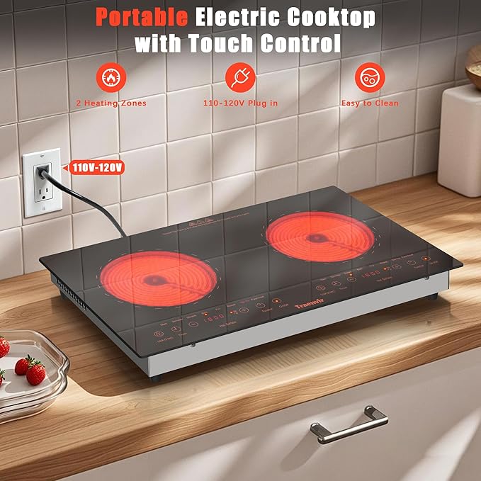 2 Burner Electric Cooktop, Two Burner Electric Stove 24 Inch, 2000W Countertop & Built-in Ceramic Cooktop for Camping, Outdoor, Child Lock, Timer, 8 Power Levels, 110V-120V Plug in, Orange