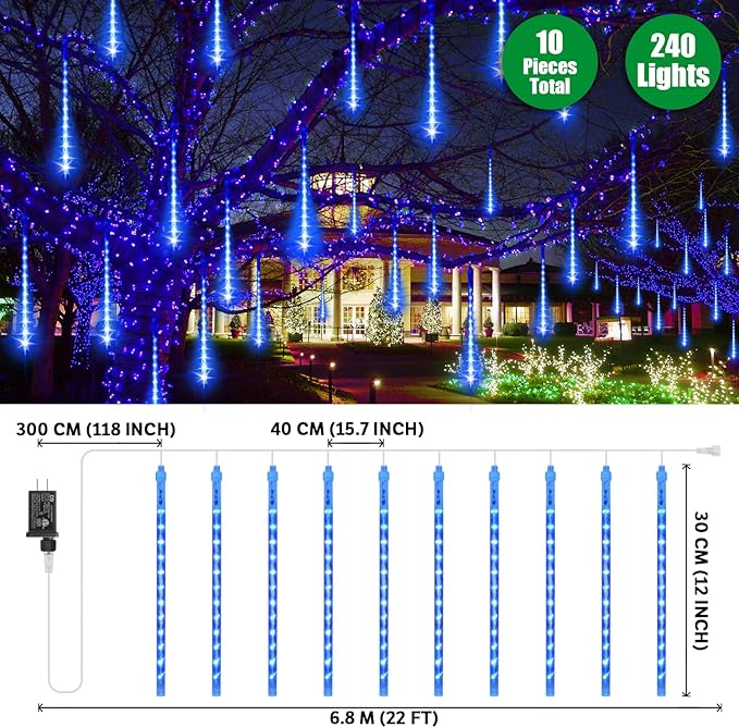 LAMPHOME Christmas Lights Outdoor,12-inch LED Meteor Shower Icicle Lights, 10 Tubes 240 LED String Lights. Waterproof Plug, Shower Rain for Xmas Tree Yard House Decor Blue