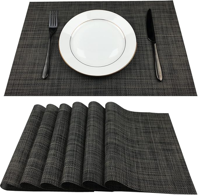 WAZAIGUR Placemats,Easy to Clean Crisscross Woven Vinyl Place Mats Durable Non-Slip Heat Resistant Table Mats,Placemats for Kitchen Table Set of 6,Grey