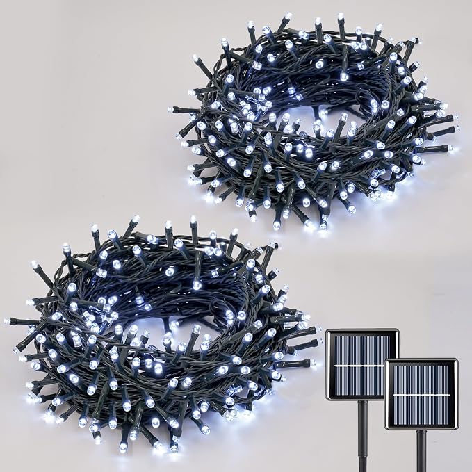 YEGUO Solar String Lights Outdoor Waterproof, 2 Packs Each 33ft 100 LED White Lights, 8 Modes Twinkle Light for Christmas Tree Outside Garden Yard Xmas Decor