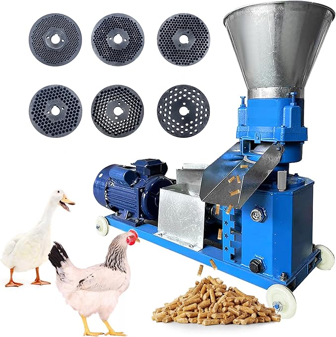 110V Feed Pellet Mill Machine 3 Head Rollers Pellet Maker Machine for Poultry Livestock Farm Animal 2.5/3/4/5/6/8mm Grinding Discs, Air Switch, Splash Plate, 220-440 lb/h, 5.5KW 60HZ