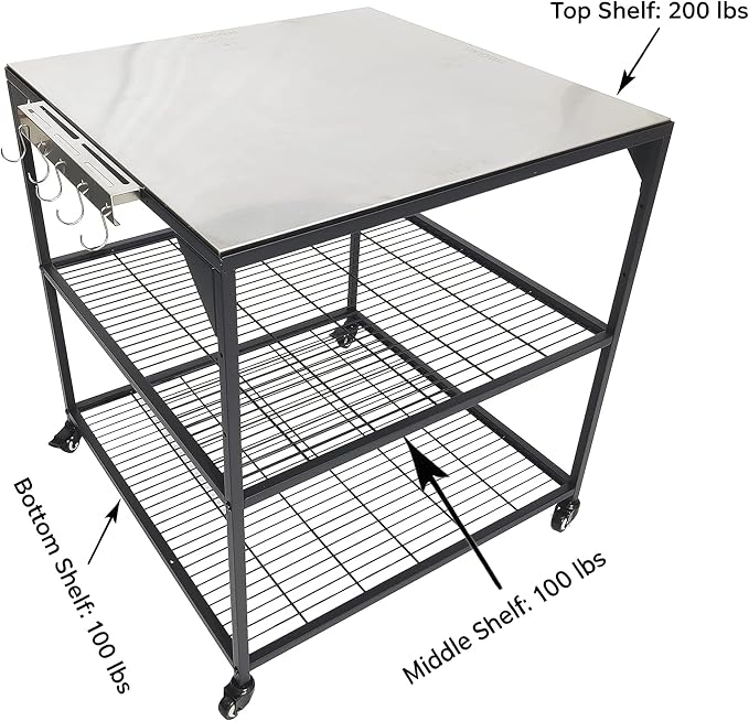 Three-Shelf Movable Stainless Steel & Steel Outdoor Dining Cart Table Pizza Oven Protable Grill and Heavy Duty Grill Cart Outdoor Table