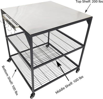 Three-Shelf Movable Stainless Steel & Steel Outdoor Dining Cart Table Pizza Oven Protable Grill and Heavy Duty Grill Cart Outdoor Table