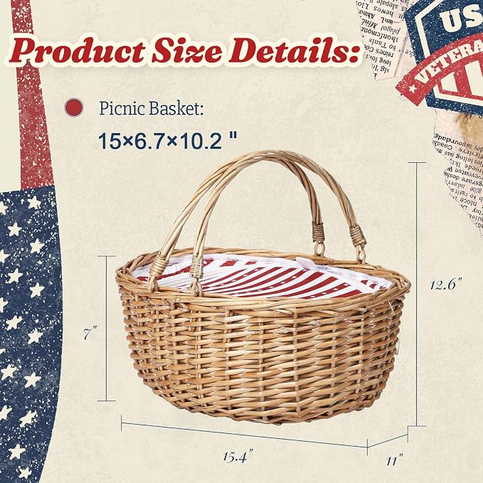 Wicker Picnic Basket 15"x11"x7" Insulated Liner Red White Stars | Insulated Zip Liner Helps Keep Drinks and Snacks Cool, Sturdy Woven Basket Suits Parks, Camping, Holidays and Gift Giving