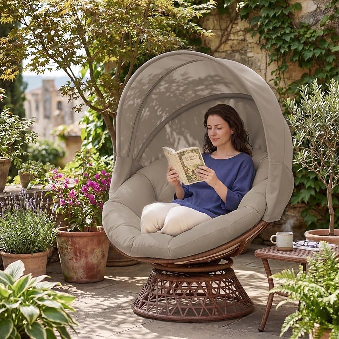 GTPLAYER Outdoor Wicker Egg Chair PE Rattan Chair with Cushion, Oversized Patio Lounge Chair with Canopy Papasan Chair 360° Swivel Base for Outdoor, Indoor, Balcony, Backyard, Garden, Brown
