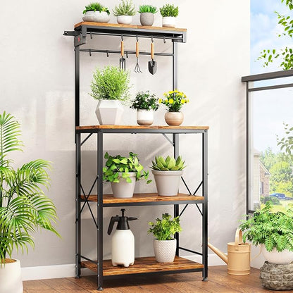 SNTD Bakers Rack with Power Outlet, Microwave Stand, Rustic Brown, 21.7" W | Coffee Stand, 4 Tiers Kitchen Storage Shelves, 10 Hooks, Metal Frame, X-Shaped Reinforcement
