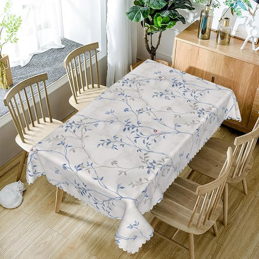 Blue Gray Floral Rectangle Tablecloths 60x84 Inch Plants Birds Decoration Table Cloth for Seasonal Decors Watercolor Oil Proof Spill Proof Wipeable Table Cloths for Indoor Outdoor Use