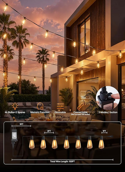 Minetom 100FT Outdoor String Lights with Remote, Shatterproof ST38 LED Bulbs, Waterproof Patio Lights with 3 Modes, Dimmable & Connectable 2700K Hanging Lights for Backyard Porch Deck Balcony