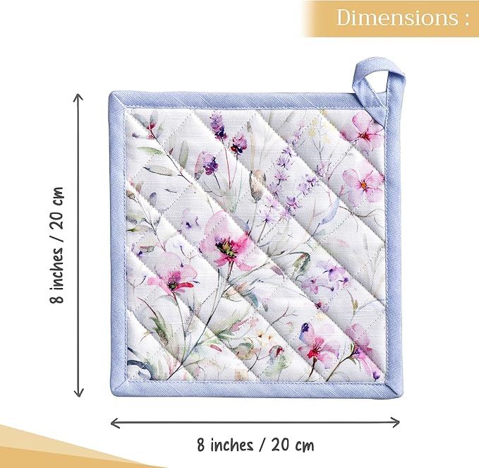 Maison d' Hermine Pot Holders 100% Cotton Heat Resistant Potholders 8" x 8" Hot Pads with Loop BBQ Cooking Baking Hotel Farmhouse Kitchen Handling Hot Pans Spring Summer (Pack of 1, Summer Floral)