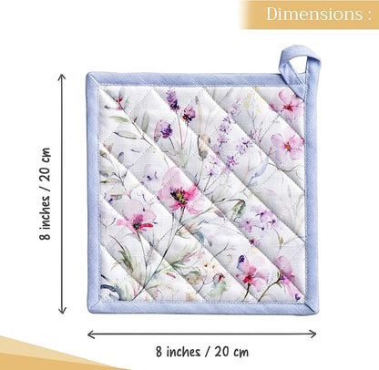 Maison d' Hermine Pot Holders 100% Cotton Heat Resistant Potholders 8" x 8" Hot Pads with Loop BBQ Cooking Baking Hotel Farmhouse Kitchen Handling Hot Pans Spring Summer (Pack of 1, Summer Floral)