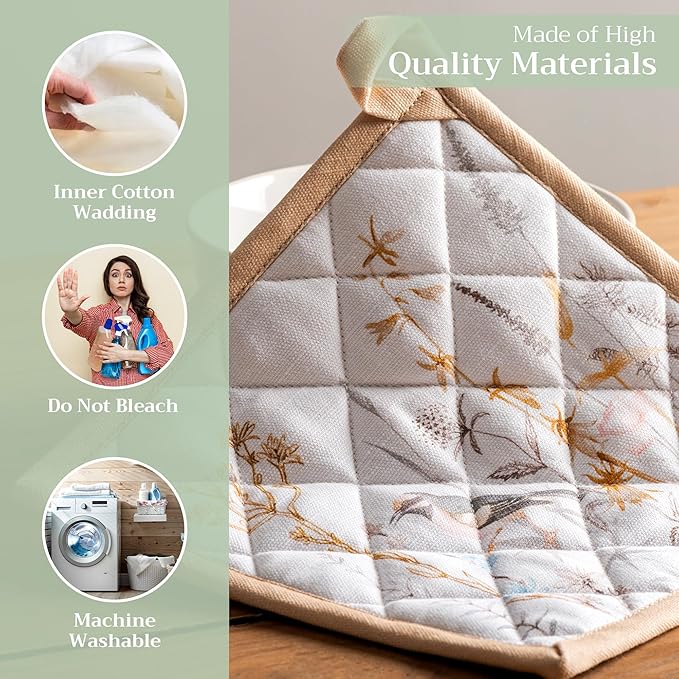 Maison d' Hermine Pot Holders 100% Cotton Heat Resistant Potholders 8" x 8" Hot Pads with Loop BBQ Baking Hotel Farmhouse Kitchen Handling Hot Pans Spring Summer (Pack of 1, Meadow Florals - Beige)