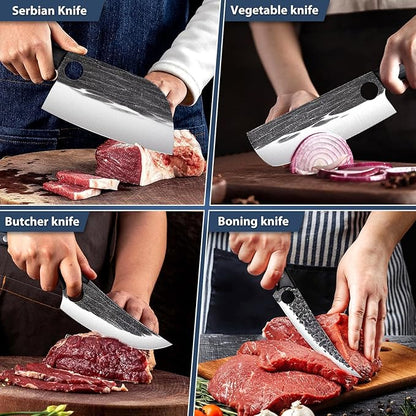 TIVOLI Professional Butcher Knife Set for Meat Processing, 7Pcs High Carbon Steel Hand Forged BBQ Knife Sets, Serbian Chef Knife Set with Ergonomic Handle for Kitchen Outdoor Cooking Gifts