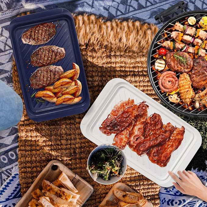 TP 17" x 10.5" Grilling Prep and Serve Trays, Set of 2, Blue&White | Melamine BBQ Trays, Serving Platters for Meats, Raw and Cooked Food Separation, Grill Accessories, Break-resistant