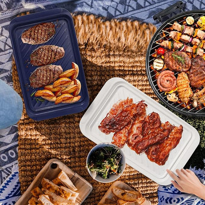 TP 17" x 10.5" Grilling Prep and Serve Trays, Set of 2, Blue&White | Melamine BBQ Trays, Serving Platters for Meats, Raw and Cooked Food Separation, Grill Accessories, Break-resistant