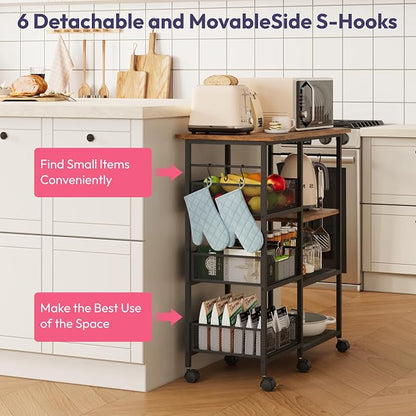 SWTYMIKI Microwave Cart with Storage - 28.35x14.57in Rolling Kitchen Table Cart with Storage Shelves, 6 Removable Hooks& Locking Casters, Coffee Bar Cabinet for Dining Room Pantry Office, Espresso
