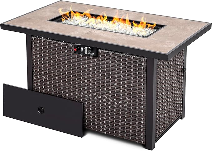 Nuu Garden Outdoor 43 Inch 50,000 BTU Propane Gas Fire Pit Table, Propnae Fire Pit with Ceramic Tabletop, Oxford Cover, Dark Brown and Coffee