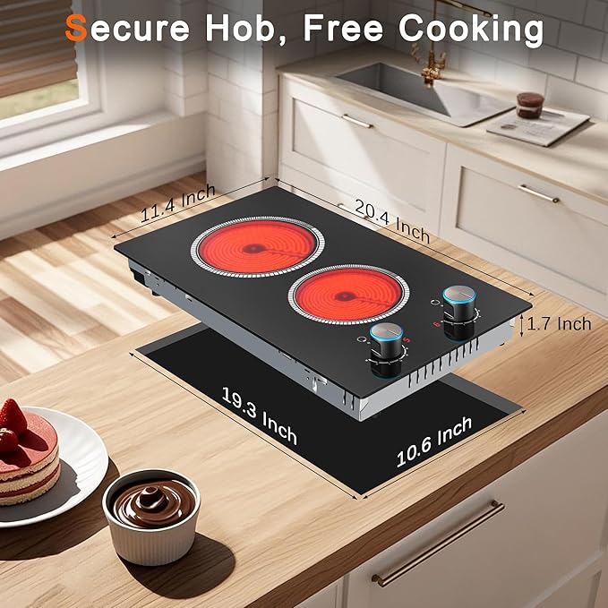 2 Burner Electric Cooktop 120V, 12 Inch Stove Top Burner 2000W, Double Burner Electric Stove with Knob Control, 9-Level Heat, Overheat Protection, High-Temp Alarm, 120V UL Plug