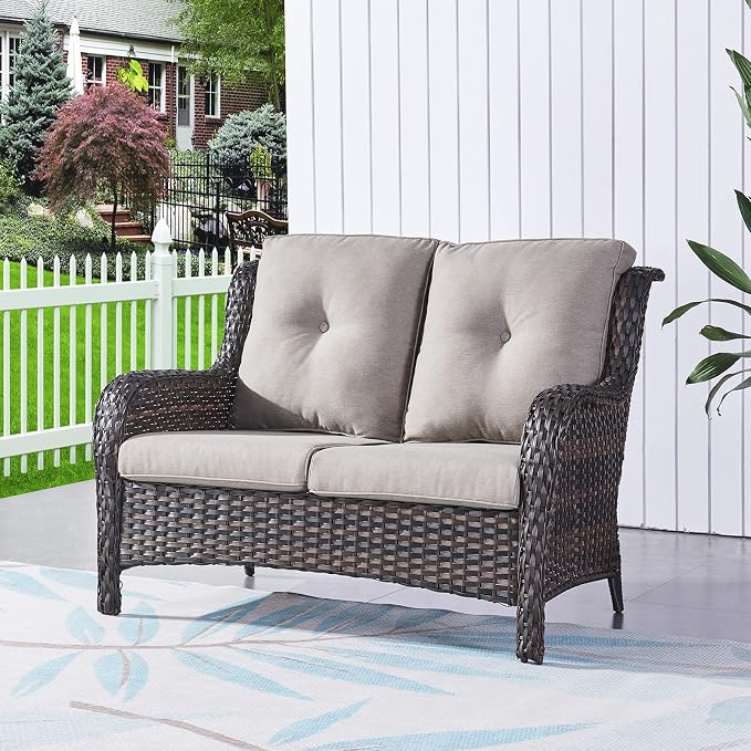 Rilyson Luxury Patio Outdoor Wicker Loveseat, 500 Lbs Weight Capacity Rattan Outdoor 2 seat Sofa Wicker with Deep Seating and Replaceable Cushions for Outside Porch Deck Balcony (Brown/Grey)