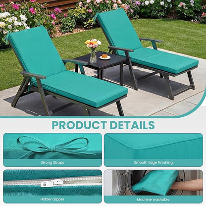 Chaise Lounge Cushions Outdoor, 72 x 21 Inch Water & Fade-Resistant Patio Furniture Lounge Cushion Set of 2, Beach Umbrella Lounger Chair Replacement Cushion with Removable Cover Pad, Lake Blue