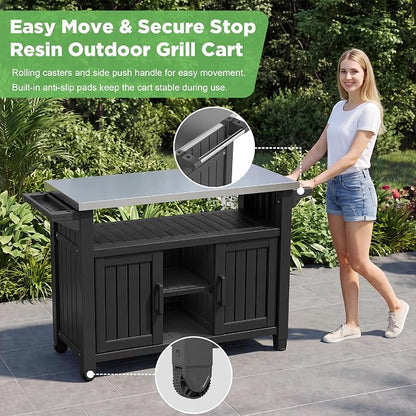 Bifanuo Outdoor Grill Table Grill Cart with Stainless Steel Top & Storage Cabinet for Food Prep and Storage, Portable and Durable with Wheels(Black)