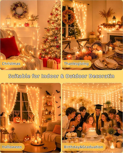 Warm White Christmas String Lights, 33FT 100 LED Fairy Lights Indoor | 8 Modes with Memory, Connectable, IP65 Waterproof, Transparent Wire, Up to 5 Sets, Widely use for Classroom, Bedroom, dorm