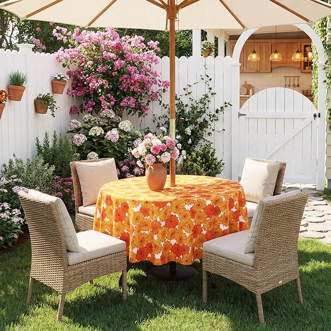 Poise3EHome Round Outdoor Tablecloth with Umbrella Hole and Zipper,Flower 70 Inch,Oxford SpillProof Washable Table Cloth for Spring Summer Patio Garden Poolside Picnic Camping BBQS