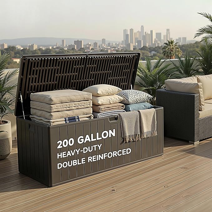 200 Gallon All-Weather Deck Box, Lockable Waterproof Resin Storage with UV Resistance for Patio Furniture, Garden Tools, Pool Accessories (Brown)