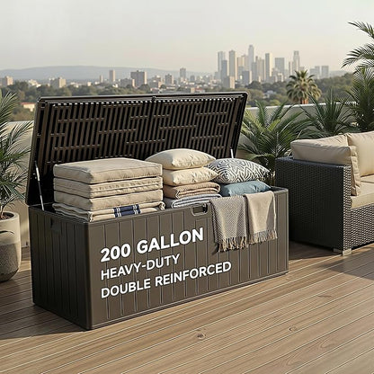 200 Gallon All-Weather Deck Box, Lockable Waterproof Resin Storage with UV Resistance for Patio Furniture, Garden Tools, Pool Accessories (Brown)