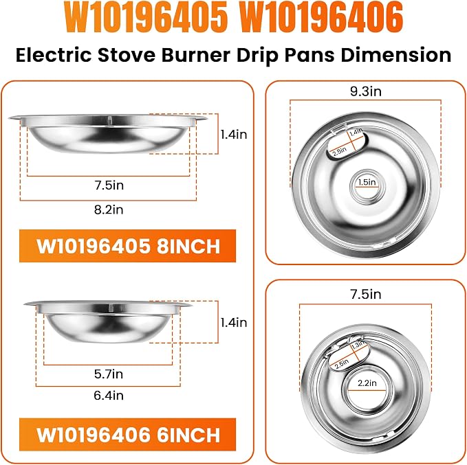 W10196405 W10196406 Chrome Drip Pans & MP22YA Electric Range Burner Element | Compatible with Amana/Maytag/Whirlpool Electric Stove, Include 2 6-Inch and 2 8-Inch Silver Drip Pans & Stove Burner Elements