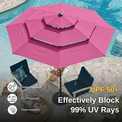 10ft 3 Tier Patio Umbrella, Outdoor Market Table Umbrella with UPF 50+ Vented Canopy, 8 Sturdy Ribs, Easy Push Button Tilt and Crank, Windproof for Deck, Pool, Backyard and Garden