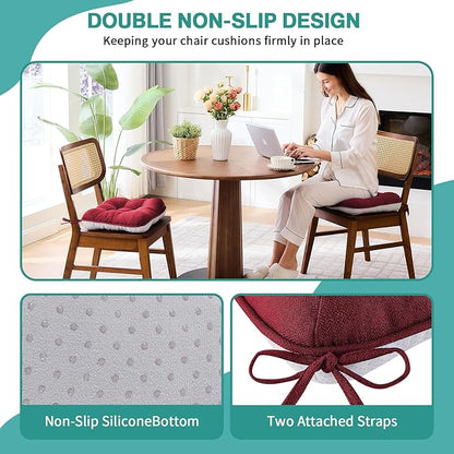 BETU Chair Cushions for Dining Chairs Set of 4, Thick Kitchen Table Chair Pads with Ties,Non Slip Backing and Covers, Seat Cushion for Dining Room,Bar,Patio Chairs,15.5"X15.5"X3.5" Red